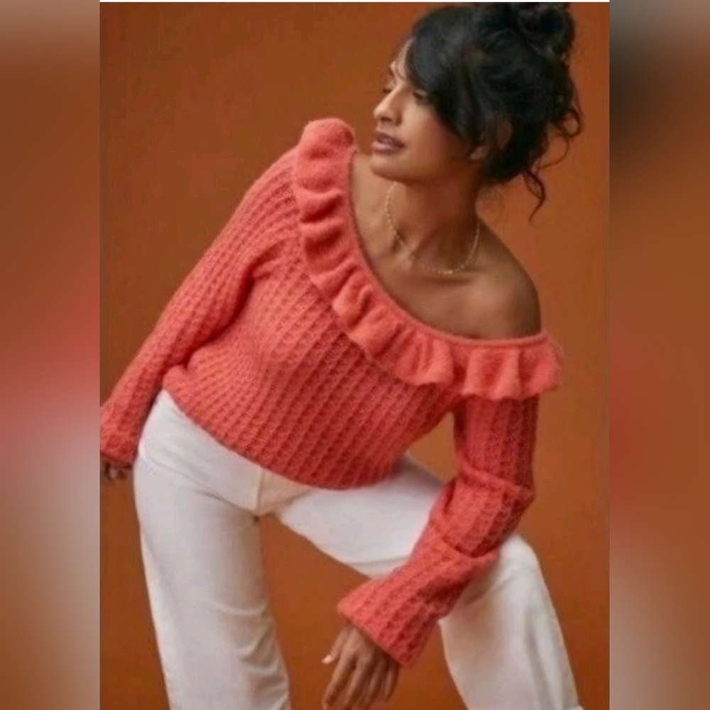 ANTHROPOLOGIE,  Off-Shoulder Sweater in Coral